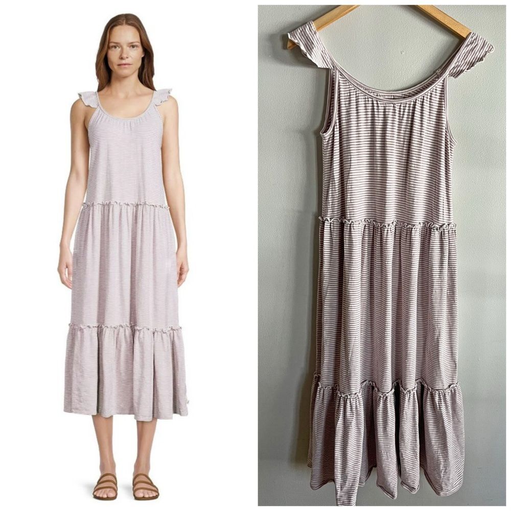 Easy Peasy Striped Ruffle Strap Tiered Midi Dress Mauve Cream XS 0-2 Soft